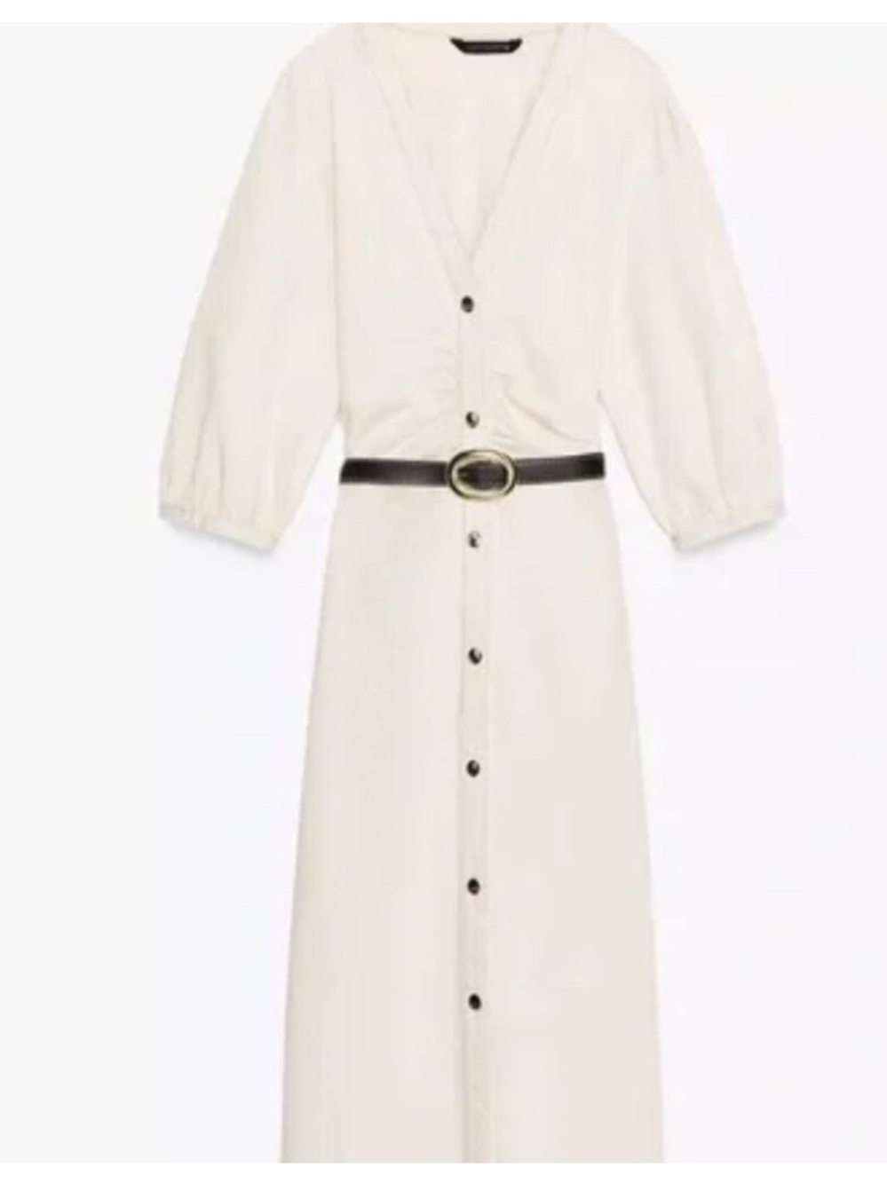 Zara Cream Button-Front Midi Dress with Puff Sleeves